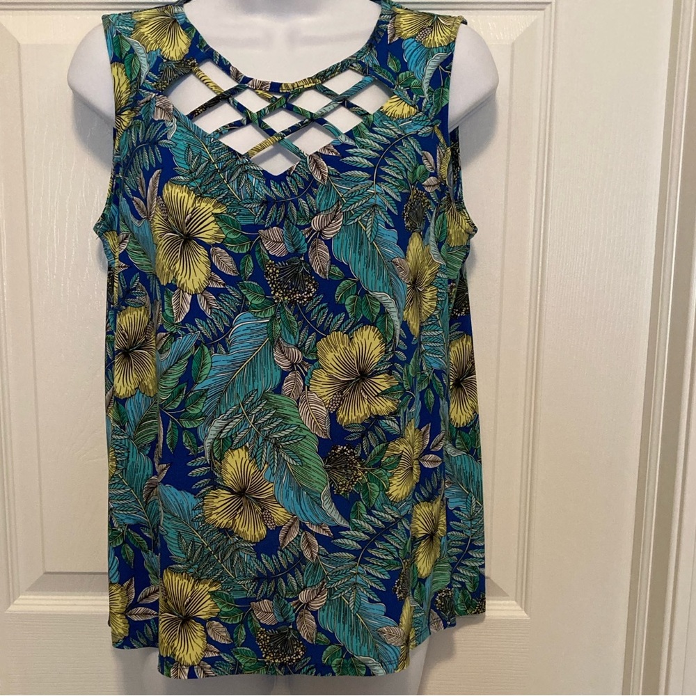 Roz & Ali Tropical Print Sleeveless Top Lattice Front Size Medium Like-New